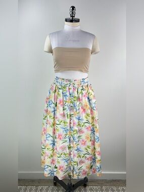 💚 3615. Floral Button-Front Midi Skirt in Pastel Multi